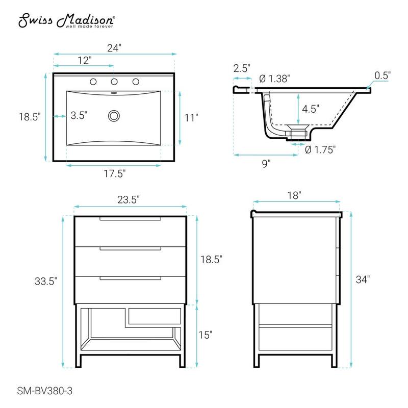 Swiss Madison SM-BV380-3 Carre 24" Free Standing Single Basin Vanity