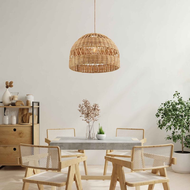 Radiant Rattan Pendant Light - Natural Dome 1-Light Handwoven Light Fixture For Modern, Transitional, Farmhouse Room Decor