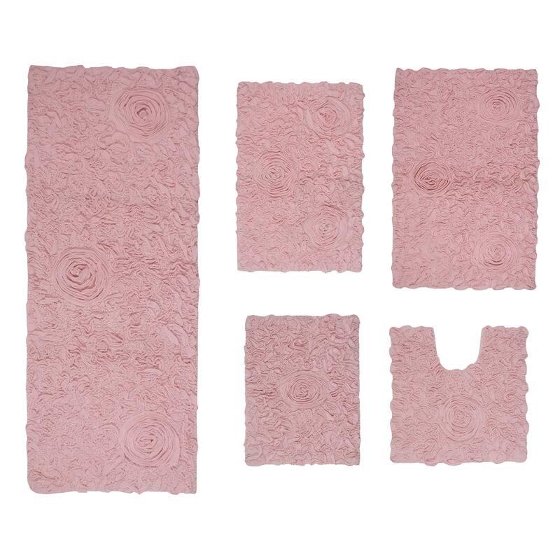 Bell Flower Collection 100% Cotton Non-Slip Bathroom Rug Set, Machine Washable Bath Rug, 5 Piece Bath Mat Set with Runner - Pink