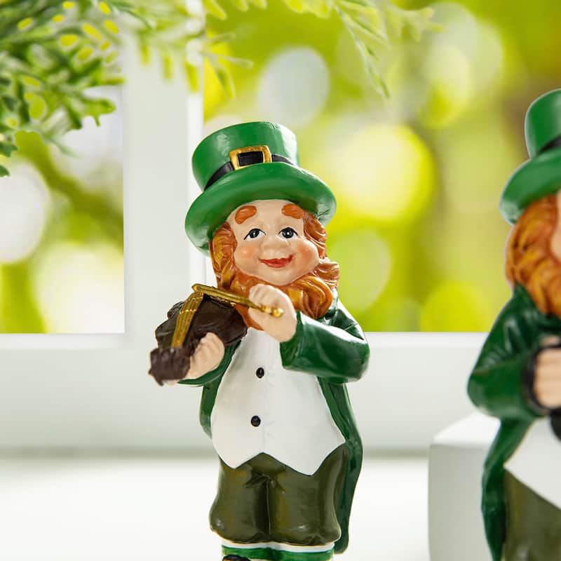 Glitzhome 5"H Set of 3 St Patrick's Leprechaun Musicians Resin Table Decor