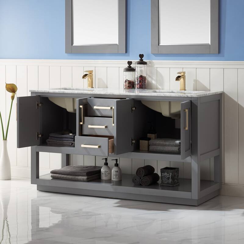 Altair Remi Double Bathroom Vanity Set and Carrara White Countertop with Mirror