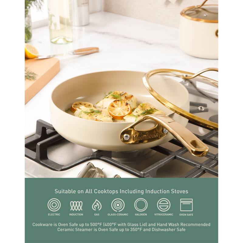 Bloomhouse 15 Piece Pots and Pans Heavy Duty Aluminum Premium PFA Free Ceramic Nonstick - Almond Cream with Gold Handle