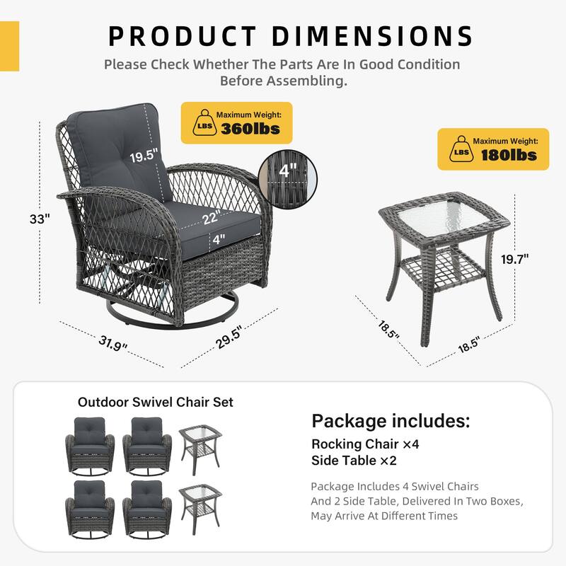 UPHA 6-Piece Patio Outdoor Wicker Swivel Rocking Chair Set with Side Table and Cushions