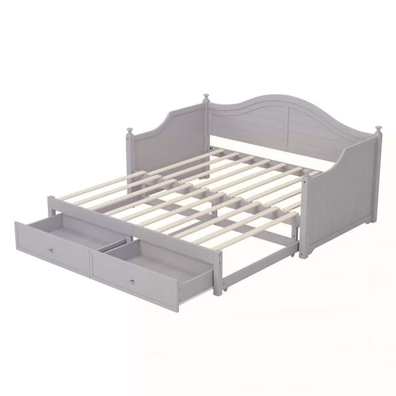 Wood Daybed with Extended Pop Up Trundle and Storage Drawers