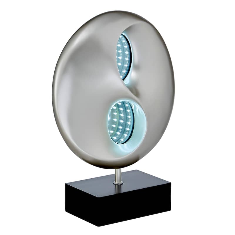 Nila 20 Inch LED Table Lamp, Black Silver Polyresin Orb Sphere, Block Base