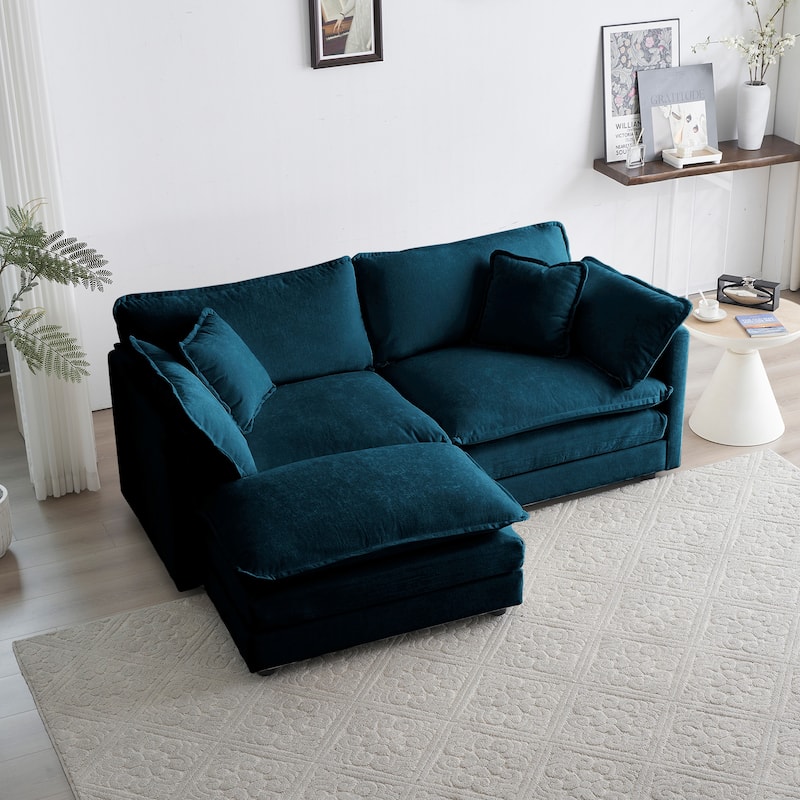 Blue Chenille Two-Seater Sectional Sofa with Ottoman, Modular Loveseat for Small Living Spaces
