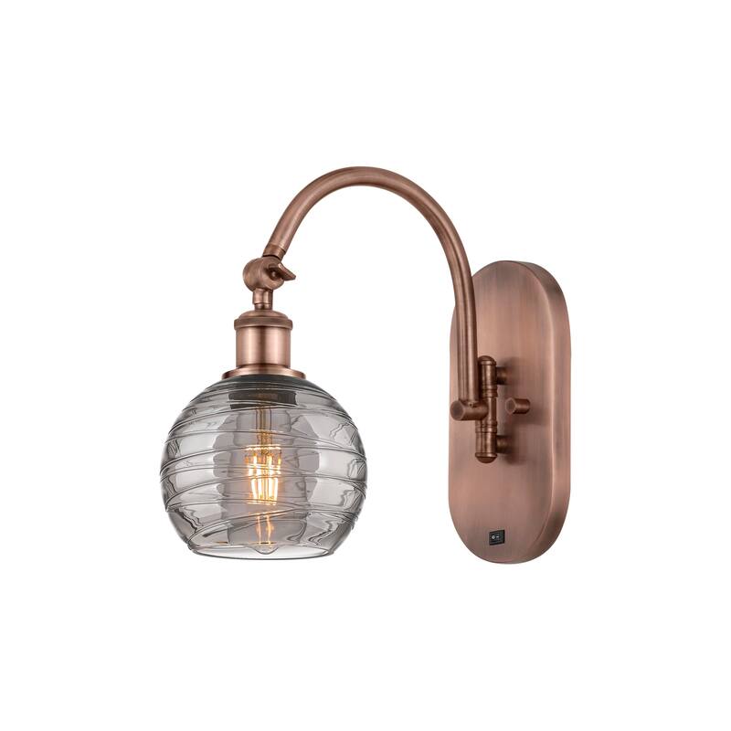 Innovations Lighting 518-1W 12 6 Athens Deco Swirl Sconce Athens Deco - Antique Copper / Light Smoke Deco Swirl