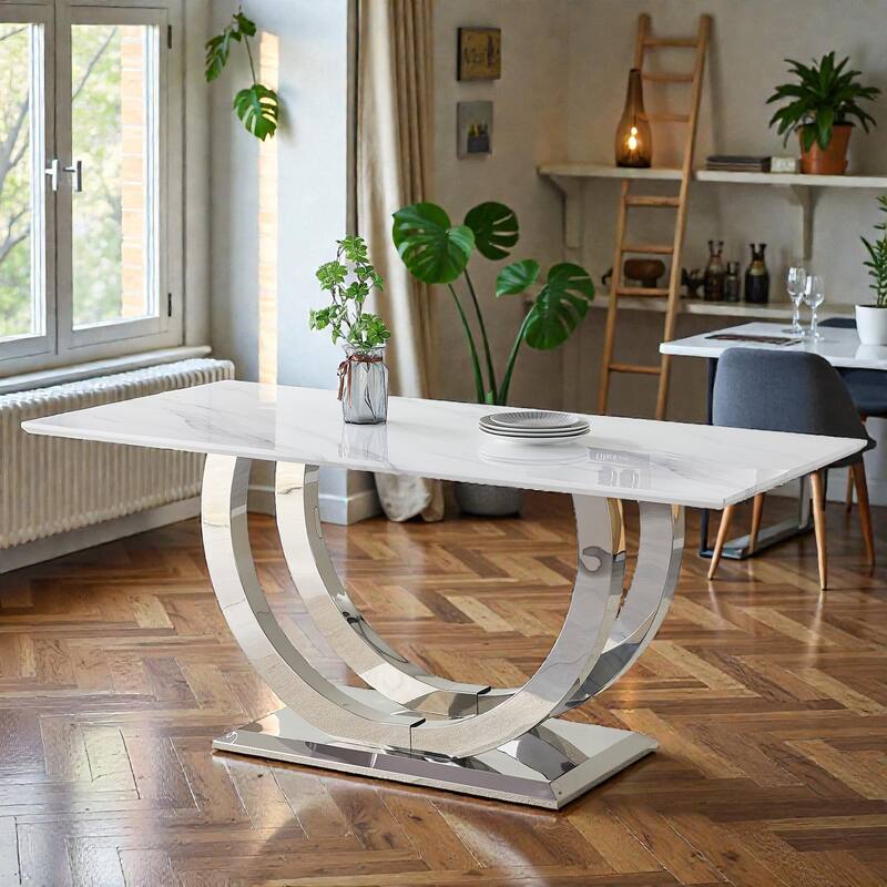 69.3 Inch Rectangular Dining Table with White Marble MDF Top, Silver Mirror Stainless Steel Legs, Seats 4-6