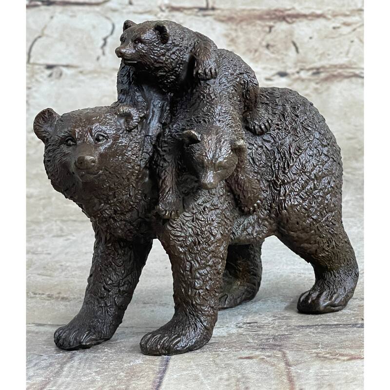 Young Cubs On Back Mother Bear 100 Percent Solid Bronze Statue Sculpture Figurine