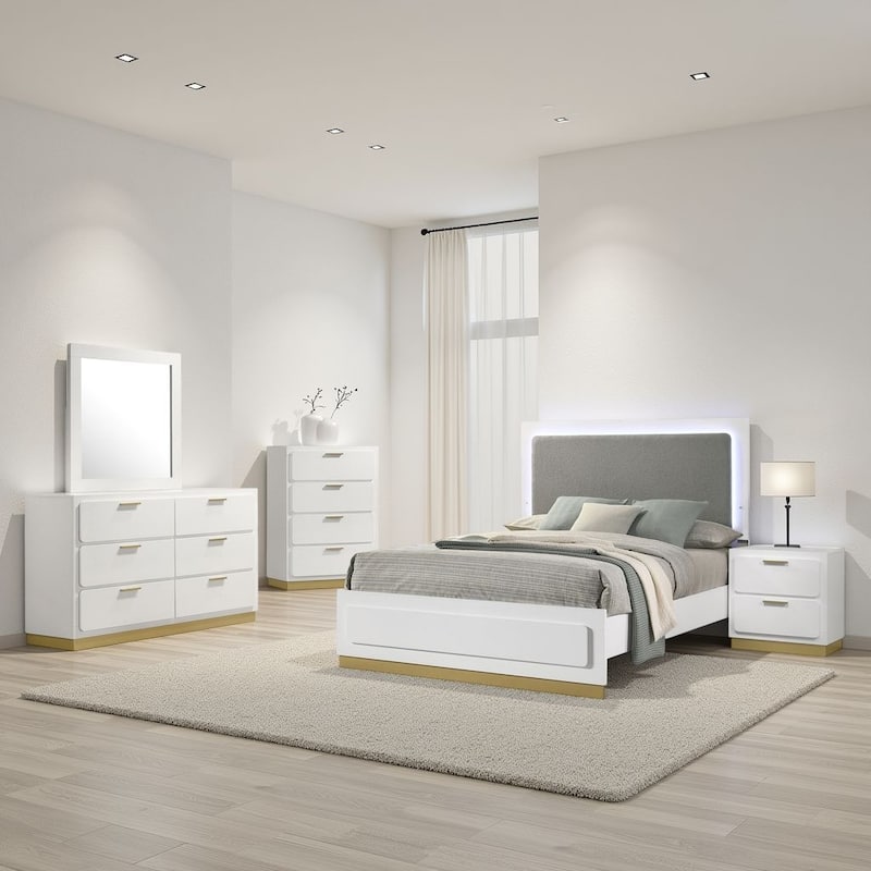 Caer 5pc Queen Bedroom Set in White, Gold Accents, Gray Upholstery