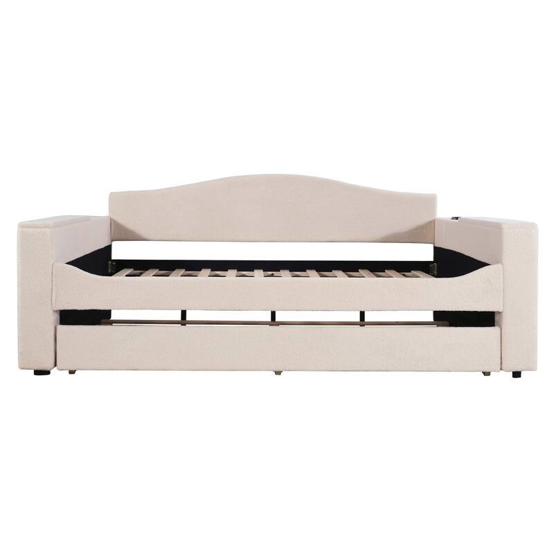 Upholstered Daybed with Storage Armrests, Trundle and Latest Integrated Bluetooth Audio System