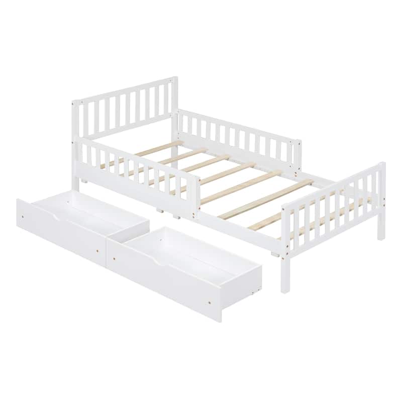 Wood Twin/Full Size Wood Platform Bed with Guardrails on Both Sides and Two Storage Drawers