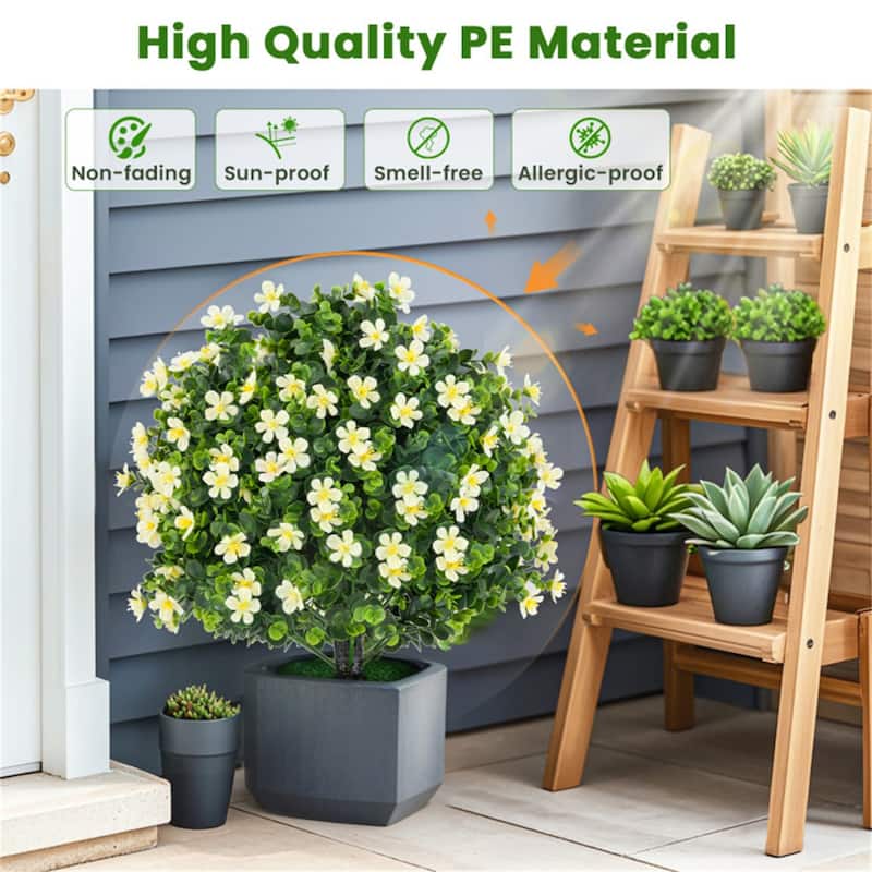 Set of 2 Artificial Boxwood Topiary Ball Trees with Purple and White Flowers Sun-Proof Cement Pot Low Maintenance - 6" x 21.5"