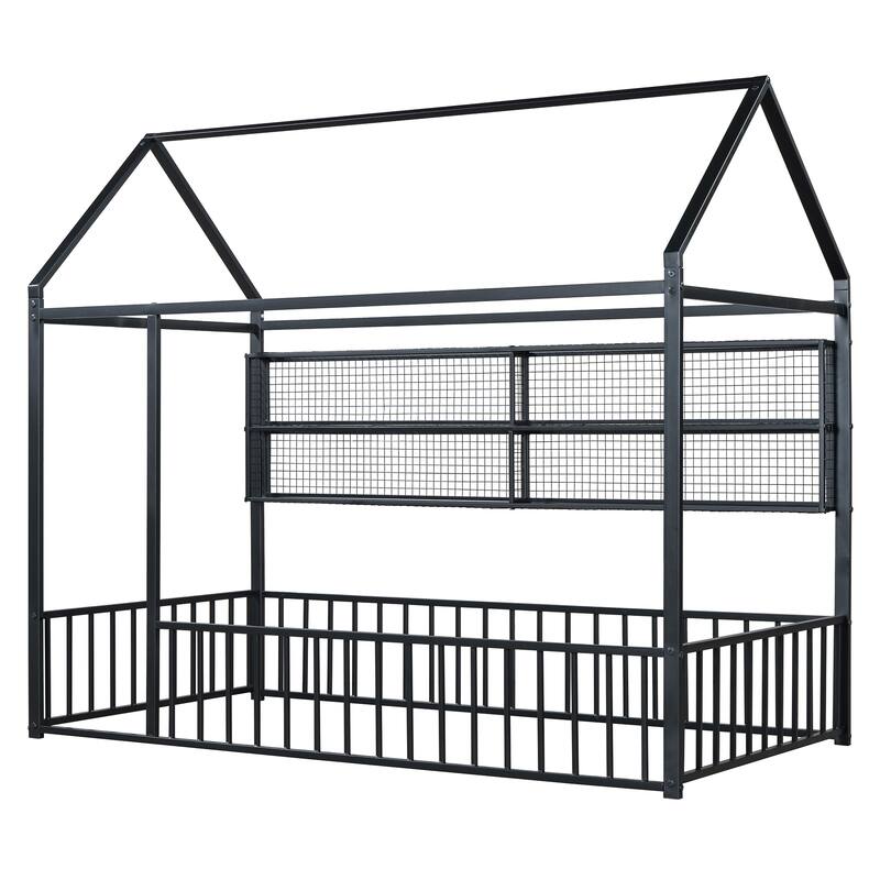 Full Size Metal House Bed Frame with Built-In Grid Shelves, Playful Canopy Design and Space-Saving Storage