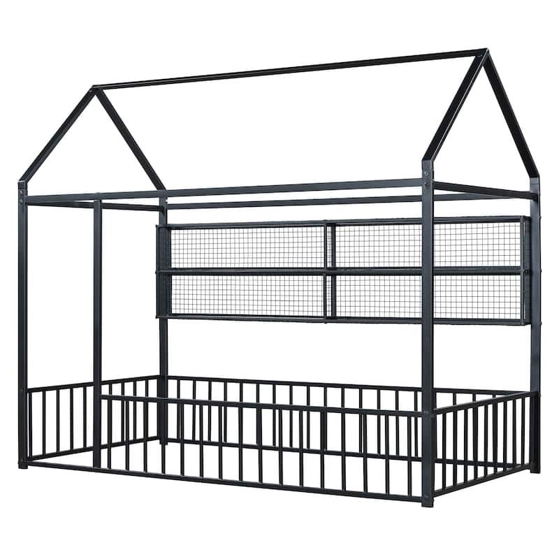Metal House Bed Frame Kids Montessori Bed Floor Bed with Fence and Shelves for Kids Girls Boys