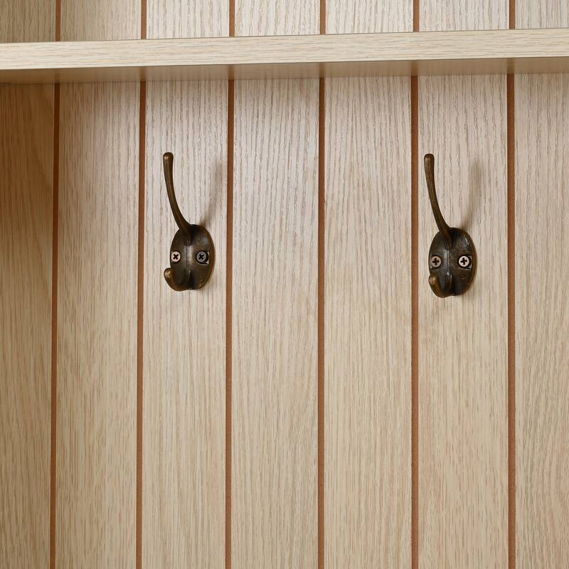 Farmhouse Hall Tree Bench with Arched Design, 8 Hooks & 3 Storage Drawers, 59" Wide Entryway Coat Rack