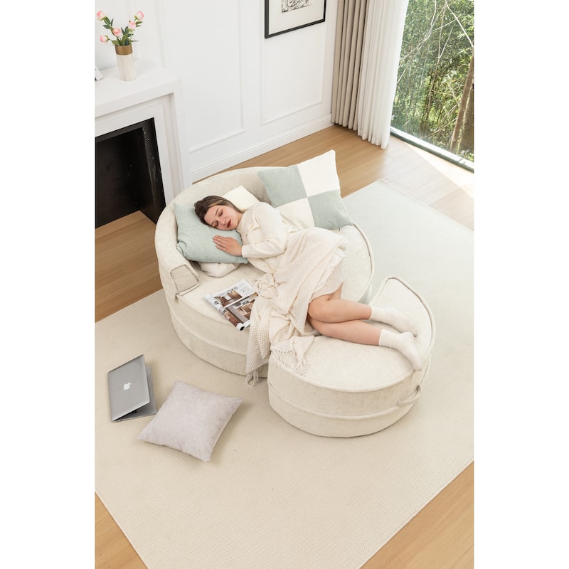 Oversized Barrel Chair with Ottoman & Pillows - Beige