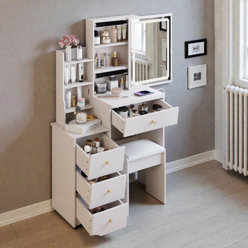Small Vanity Table with Sliding LED Mirror, 2 AC & 2 USB Charging Station, Hair Dryer Holder & Stool for Bedroom