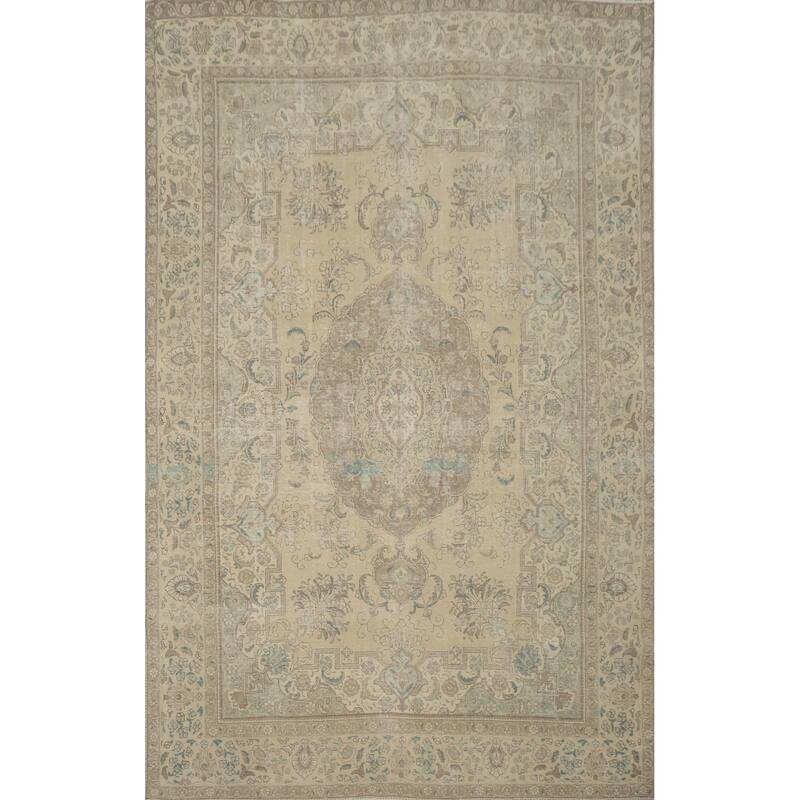 Hand Knotted Oriental 100% Wool Carpet Traditional Floral Beige & Ivories Tabriz Area Rug - 11' 8'' X 8' 1''
