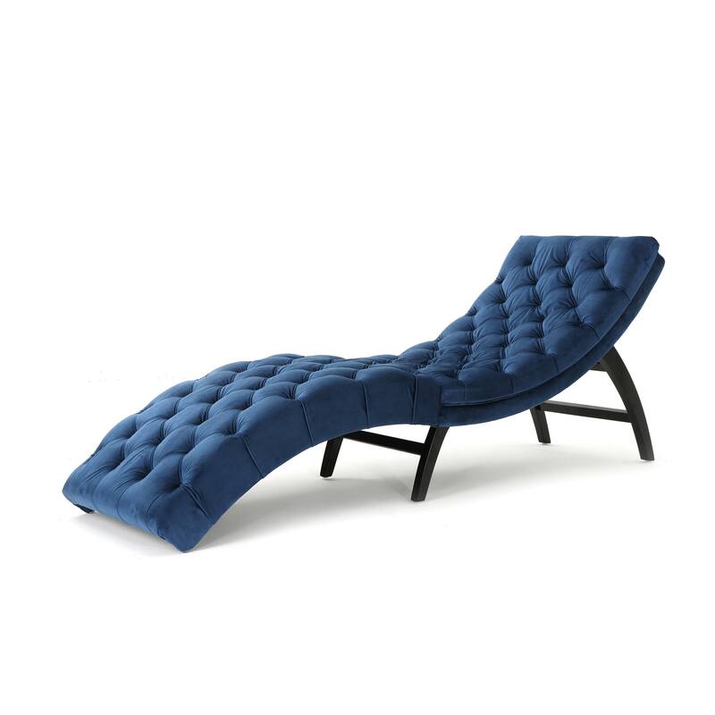 Greta Lounge Chaise, Navy Blue Tufted Velvet, Black Wood, 73 Inch