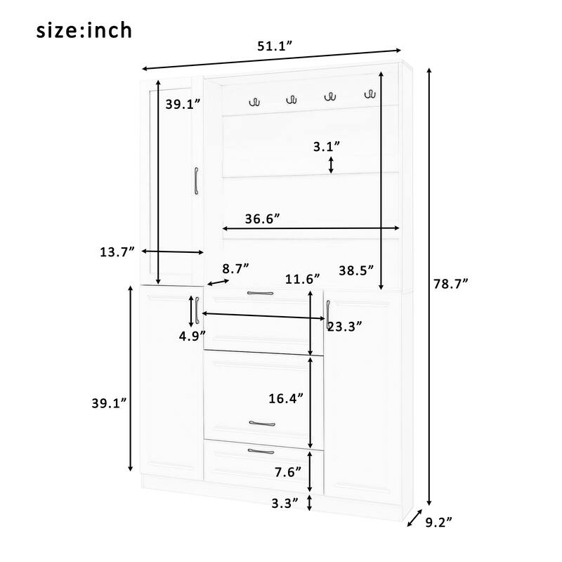 51.1'' Entryway Hall Tree with Mirror and Foldable Bench, 3-in-1 Shoe Storage Cabinet with Drawers, Shelves & 4 Hooks
