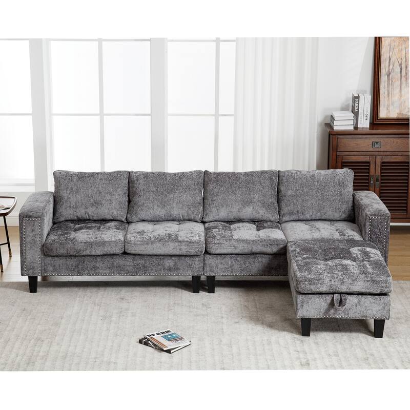 Grey 104.5'' L-Shaped Modular 5 Seat Sectional Sofa with Storage Ottoman, Reversible Chaise and 4 Back Cushions