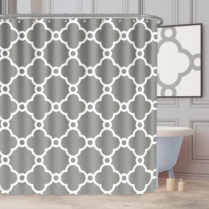 Grey and White Shower Curtain Geometric Moroccan Fabric, 72"x72"