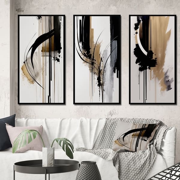 Designart "Black, White And Gold Expression I" Abstract Framed Wall Art Set Of 3 - Modern Gallery Set For Office Decor - 38 in. wide x 20 in. high - 3 Panels - Black