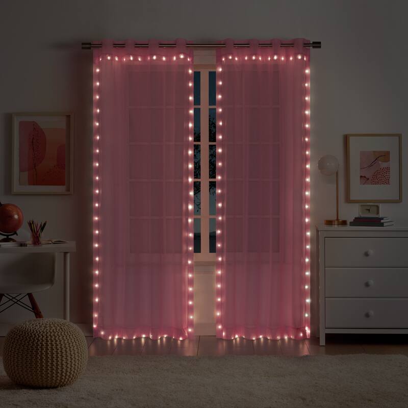 Eclipse Starlight Light Up Sheer Hookless Curtain, 1 Panel, Lights with Remote Control - 84x52 - Pink