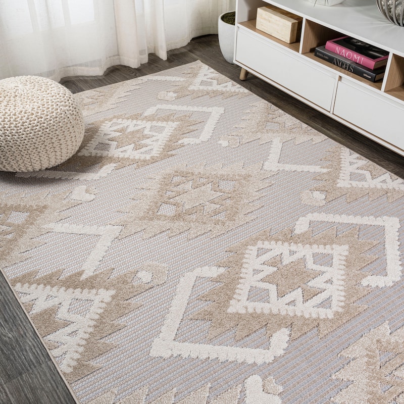 JONATHAN Y Duwun High-Low Pile Neutral Diamond Kilim Indoor/Outdoor Area Rug