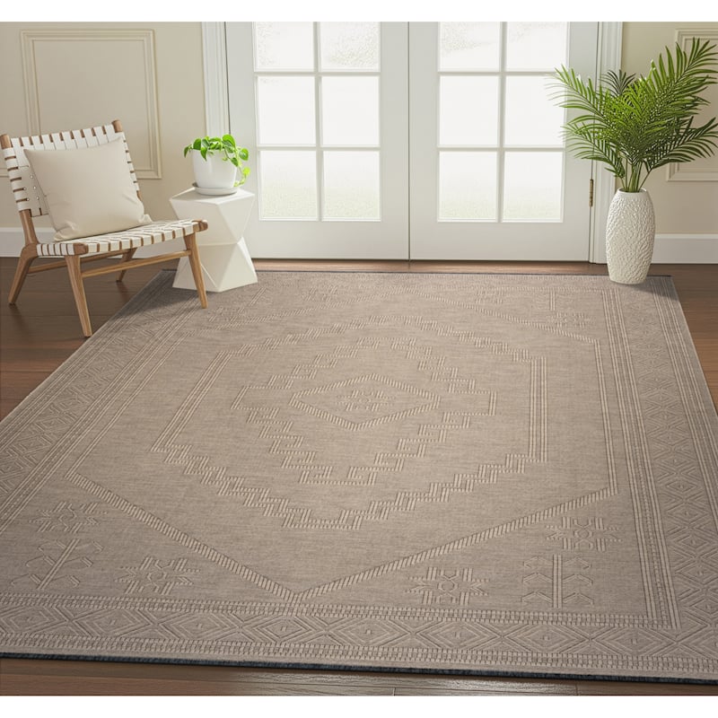 Alameda Solid Color Medallion Machine Washable Indoor Area Rug