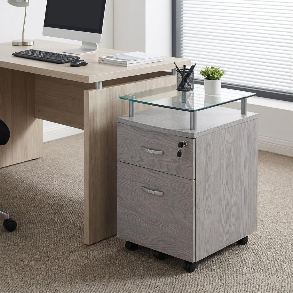 HomeRoots Gray Glass And Metal Two Drawer Rolling Filing Cabinet