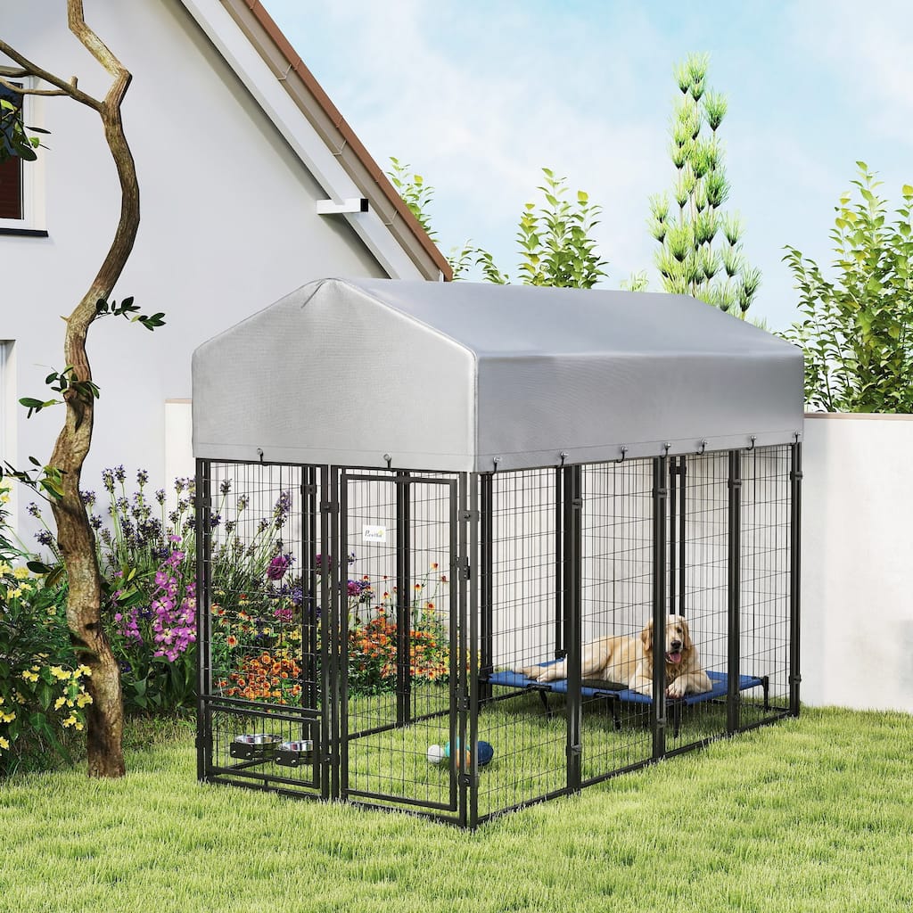 PawHut Outdoor Dog Kennel, Wire Run with Rotating Bowls, Waterproof Cover, 8' x 4' x 6'