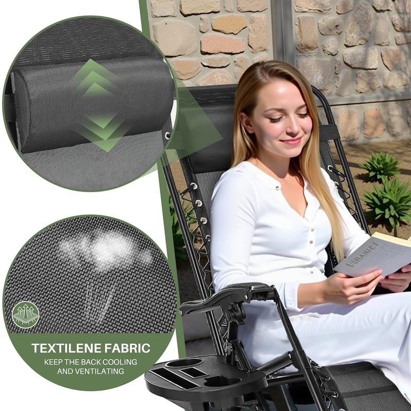 Set of 2 Folding Reclining Lounge Chair, Outdoor Zero Gravity Recliner W/Side Tray & Detachable Headrest Pillow
