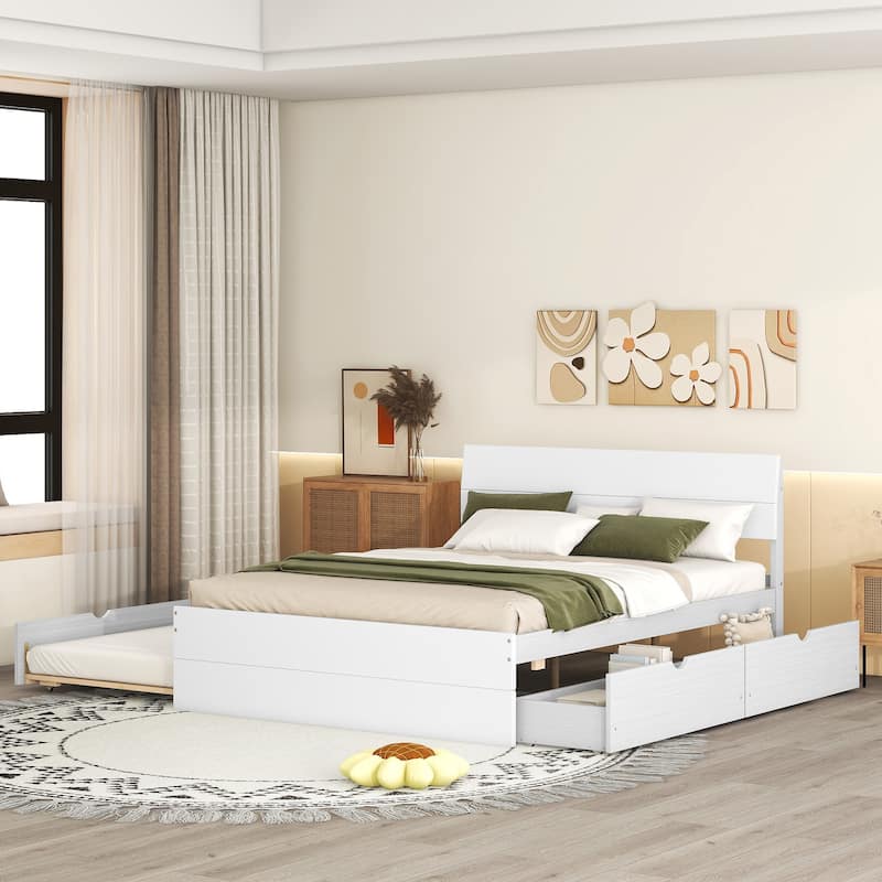 Modern Full Bed Frame With Twin Size Trundle And 2 Drawers,Strong Wooden Slats/Non-Slip and Noise-Free/No Fixed Headboard