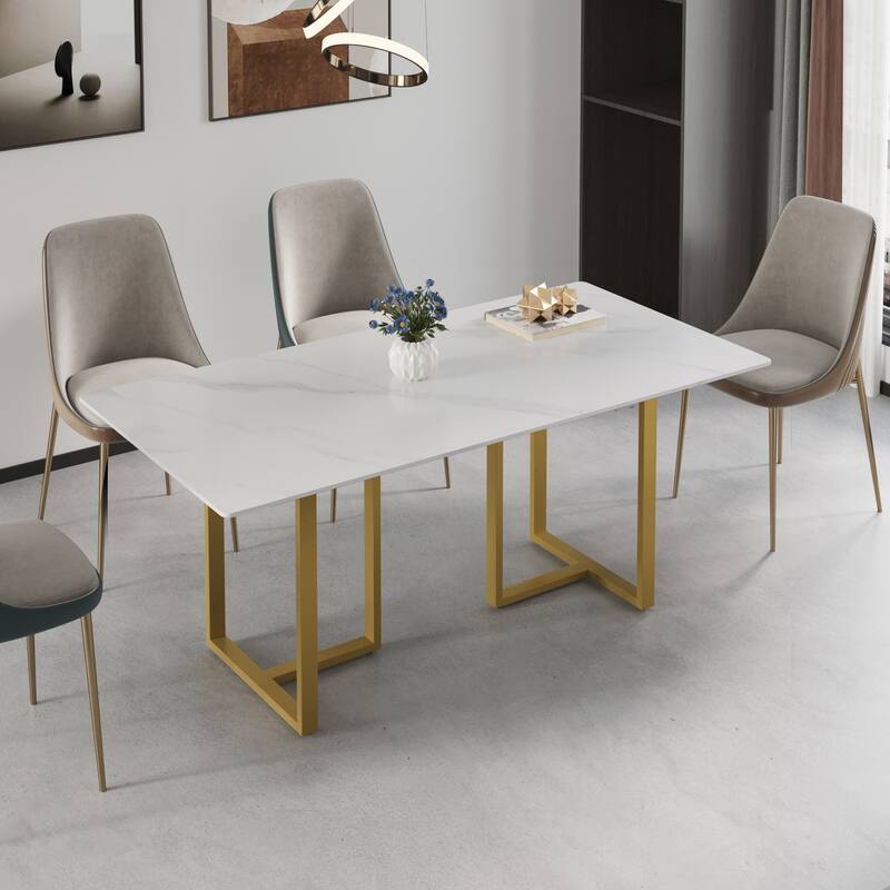 Modern 71L x 35W White Rectangular Marble Dining Table with Steel Legs - White&Gold