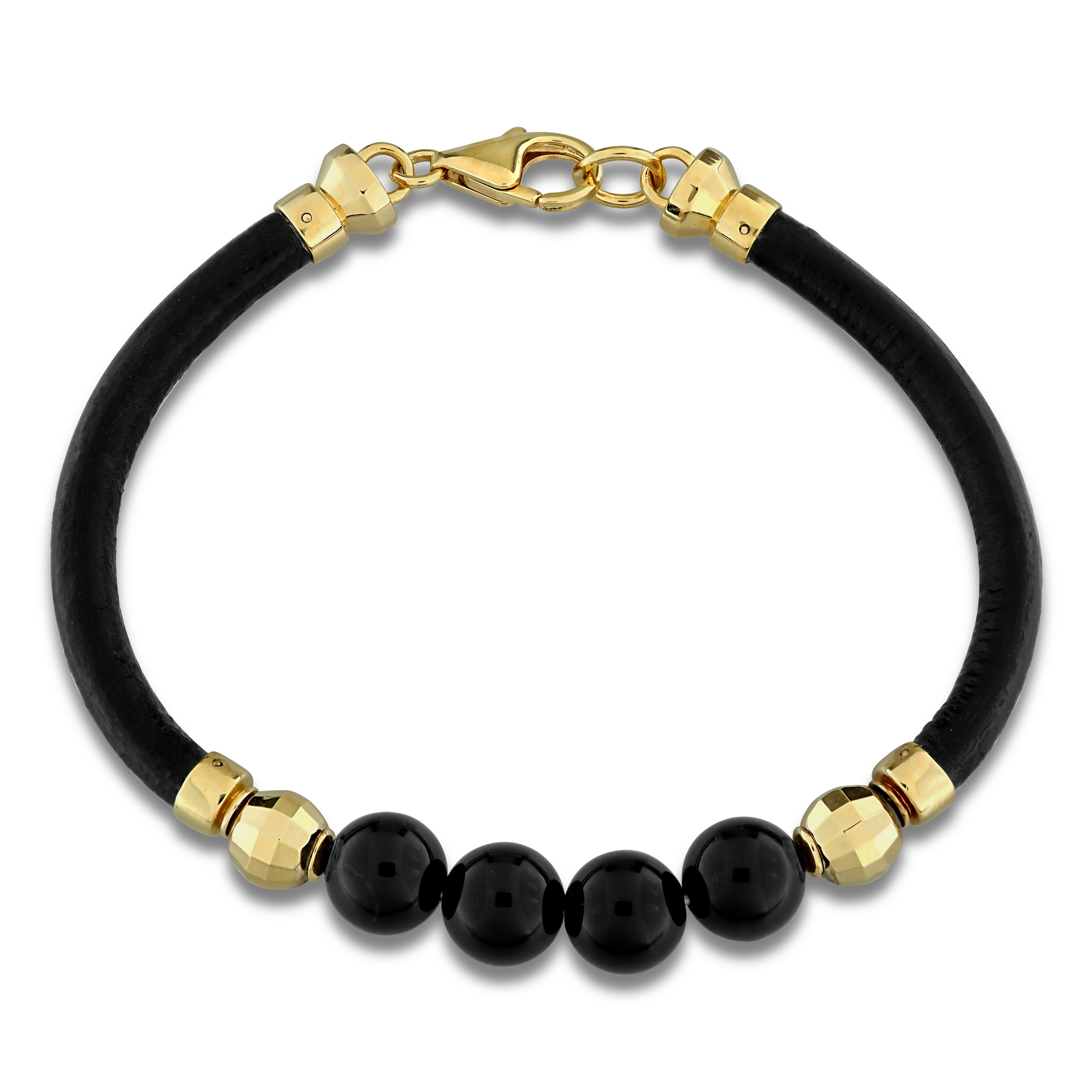 Miadora Men's Black Onyx Black Leather Bracelet Yellow Plated Sterling Silver