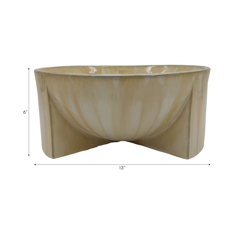 Stoneware Ceramic Decorative Bowl Sculptural Curved Base - 6" Tan - 13" x 13" x 6"