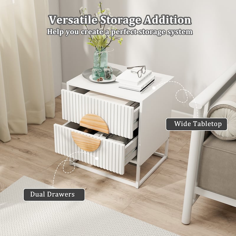 Modern Wooden Fluted Nightstand with 2 Storage Drawers and Metal Base for Bedroom