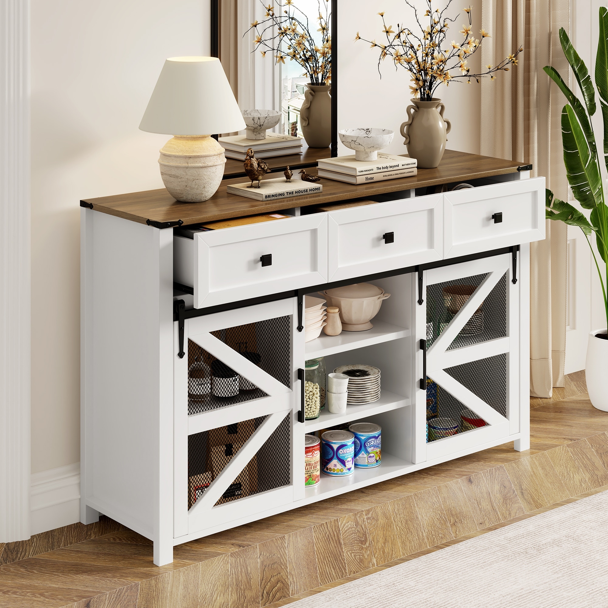 Sideboard with Sliding Barn Door & 3 Drawers, Buffet Cabinet with Adjustable Shelves, Metal Mesh & Particleboard Doors