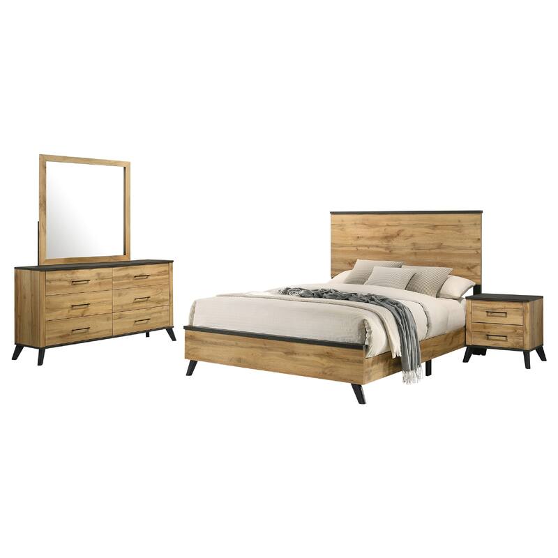 Wemy 4 Piece Queen Size Bed Set, Rustic Brown Pine Wood, Tapered Legs