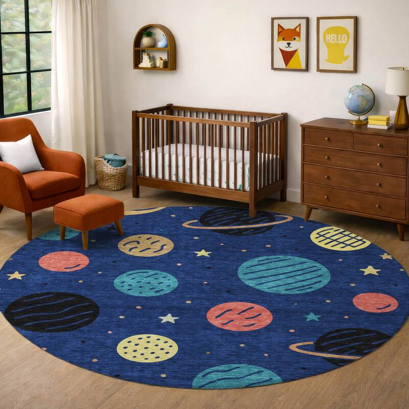 Machine Washable Indoor/ Outdoor Modern Planets Chantille Rug