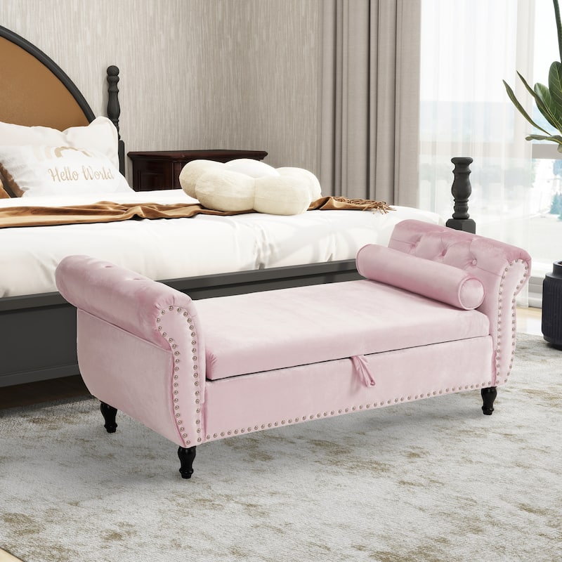 Velvet Storage Rectangular Bench With 1 Pillow,Ottoman For Living Rooms And Entryway