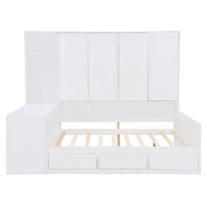 Full Size Daybed, All-in-one Storage Daybed w/ 3 Drawers, Cabinet, Wooden Twin Day Bed Frame w/ Wood Slat Support, Desk
