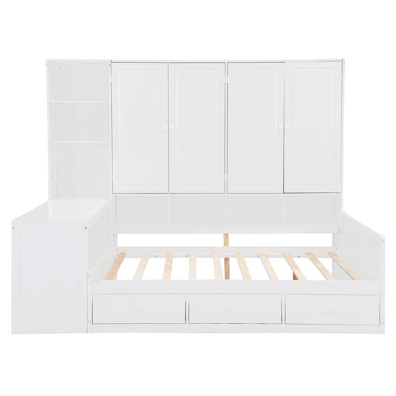 Wooden Daybed Frame All-in-One Bookcase Captains Bed with Storage Cabinet, Wardrobe, Side Writing Desk and 3 Bottom Drawers