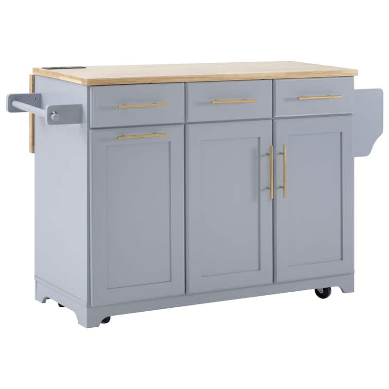 Rolling Kitchen Island Cart with 2 Pull Out Cabinet Organizers, Drop Leaf, Trash Can Storage, Power Outlet, Spice, Towel Rack