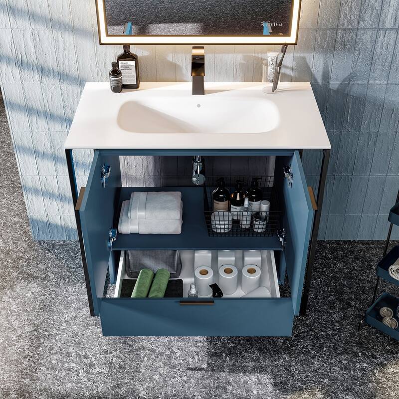 Moma 32" Blue SS Bath Vanity with Solid Surface Top and Integrated Sink