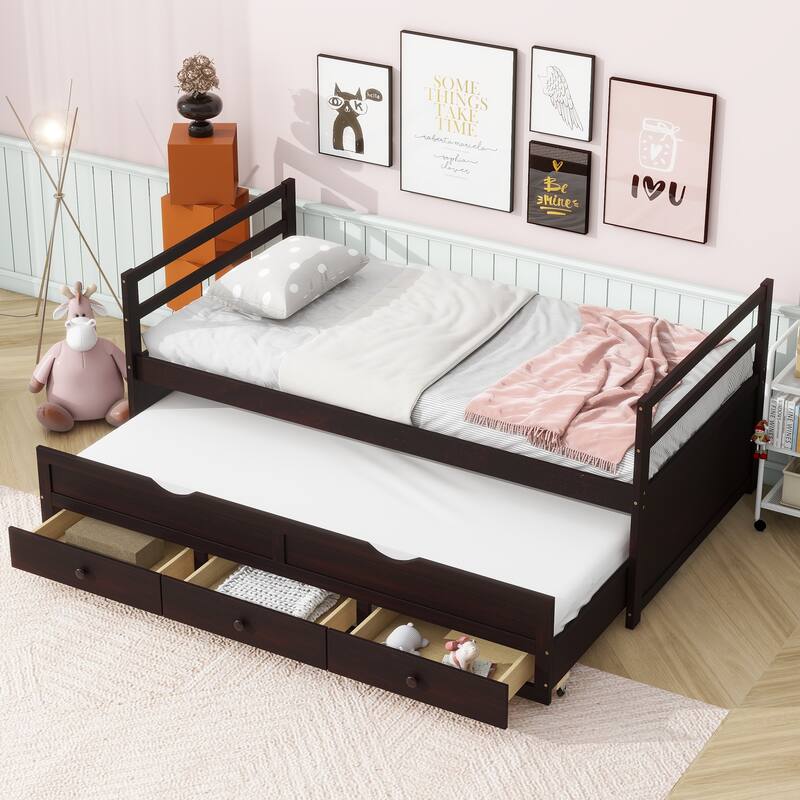Twin Size Bed Frame with Trundle, Storage Drawers, Headboard and Footboard, Space-Saving Pine Wood Design for Small Bedrooms