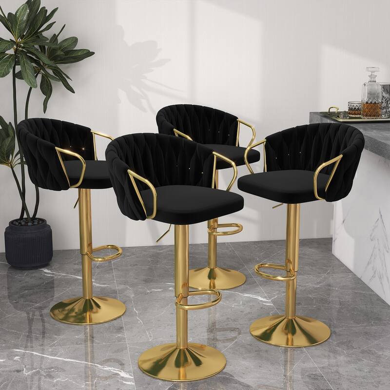 Set of 4 Adjustable Tufted Bar Stools with Backs - Black 4Set