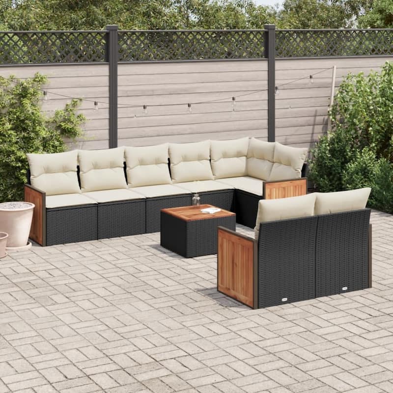 vidaXL Patio Sofa Set with Cushions Outdoor Conversation Furniture Poly Rattan - Black and cream with table - 21.7 x 21.7 x 14.6 in